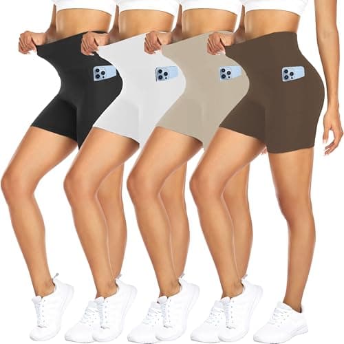 FULLSOFT 4 Pack Biker Shorts for Women 5 High Waist Tummy Control Workout Yoga Running Compression Exercise Shorts with Pockets4 Pack BlackWhiteMochaKhakiLargeXLarge