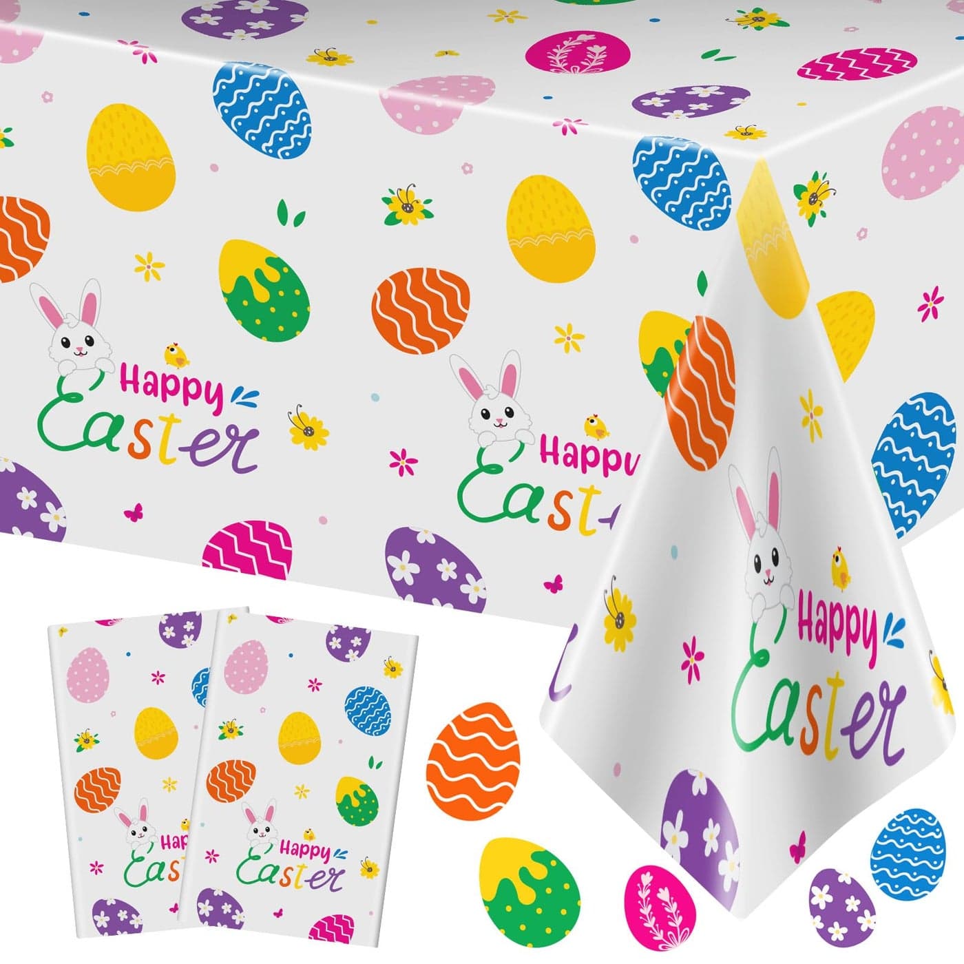 2 Pieces Happy Easter Tablecloth Rectangle Plastic Easter Bunny Eggs Table Cloth Disposable Waterproof Easte Table Cover for Easte Day Tables Decorations and Party Supplies Decor 54 x 108