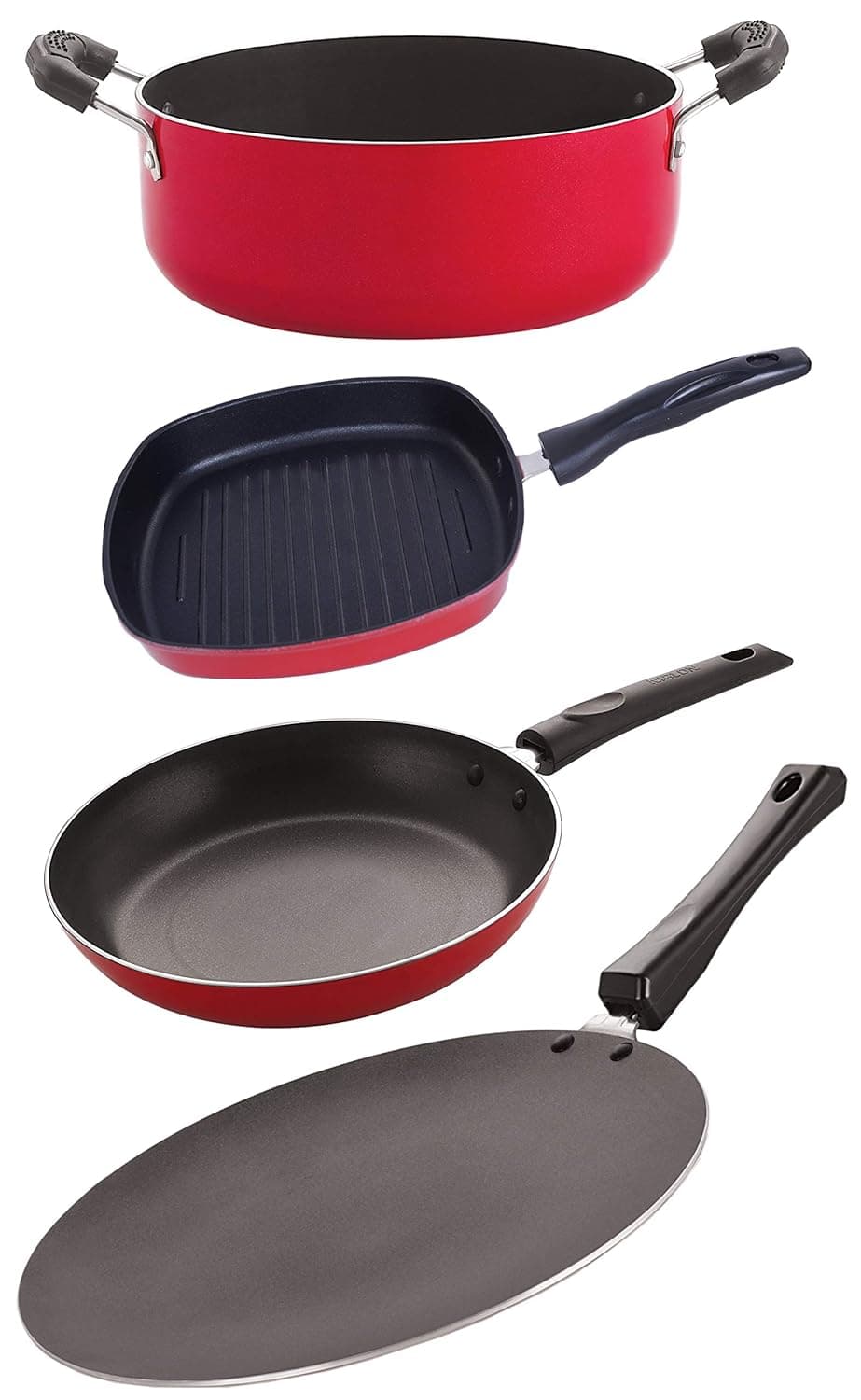 Nirlon Nonstick Aluminium Cookware 4 Pieces Set, Red (Concave Tawa 27.5cm + Tapper Pan 1 LTR + Grill Pan 24.5cm + Casserole 3.1 LTR) (CT11_TP22_GP24.5_CS24)