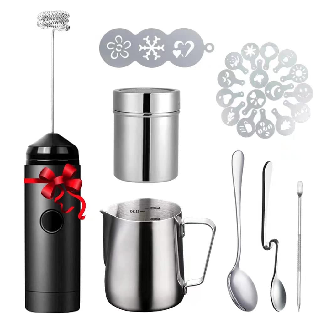 Milk Frother Handheld Art Set with Milk Frother Pitcher Powder Cocoa Shaker Latte Art Pen Coffee Stencils Coffee Spoons