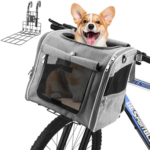 Xixter Dog Basket for Bike, Suitable for Small & Medium Pet Up to 10 kg, Foldable 4-in-1 Pet Bike Basket, Crossbody, Shoulder and Car Seat, with Sturdy Bracket and 4 Mesh Windows, Gray