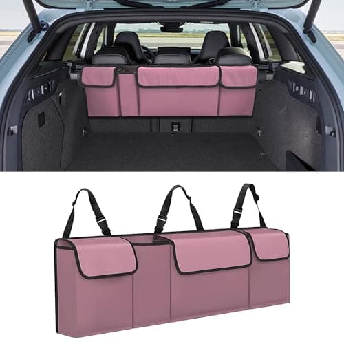 Alieemo Car Trunk Organizer Waterproof Collapsible Cargo Bag with 4 PocketsBackseat Hanging Large Storage with Adjustable Straps Sturdy Space Saver Frees Trunk Floor for SUV Truck Pink