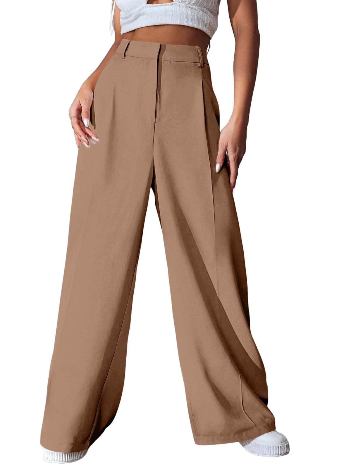 GRECIILOOKS High Waist Trousers for Women – Flared Korean Style Formal Pants | Elegant Workwear for Office, College & Events Beige
