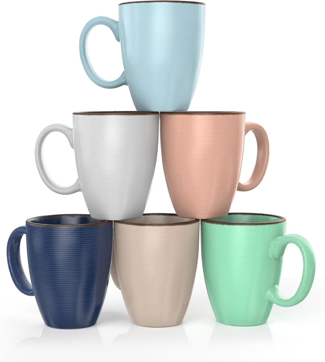 Set of 6 12oz Designer Ribbed Style Colorful Ceramic Coffee Mugs Coffee Cups Gift Set for Coffee Tea Cocoa and More Dishwasher and Microwave Safe