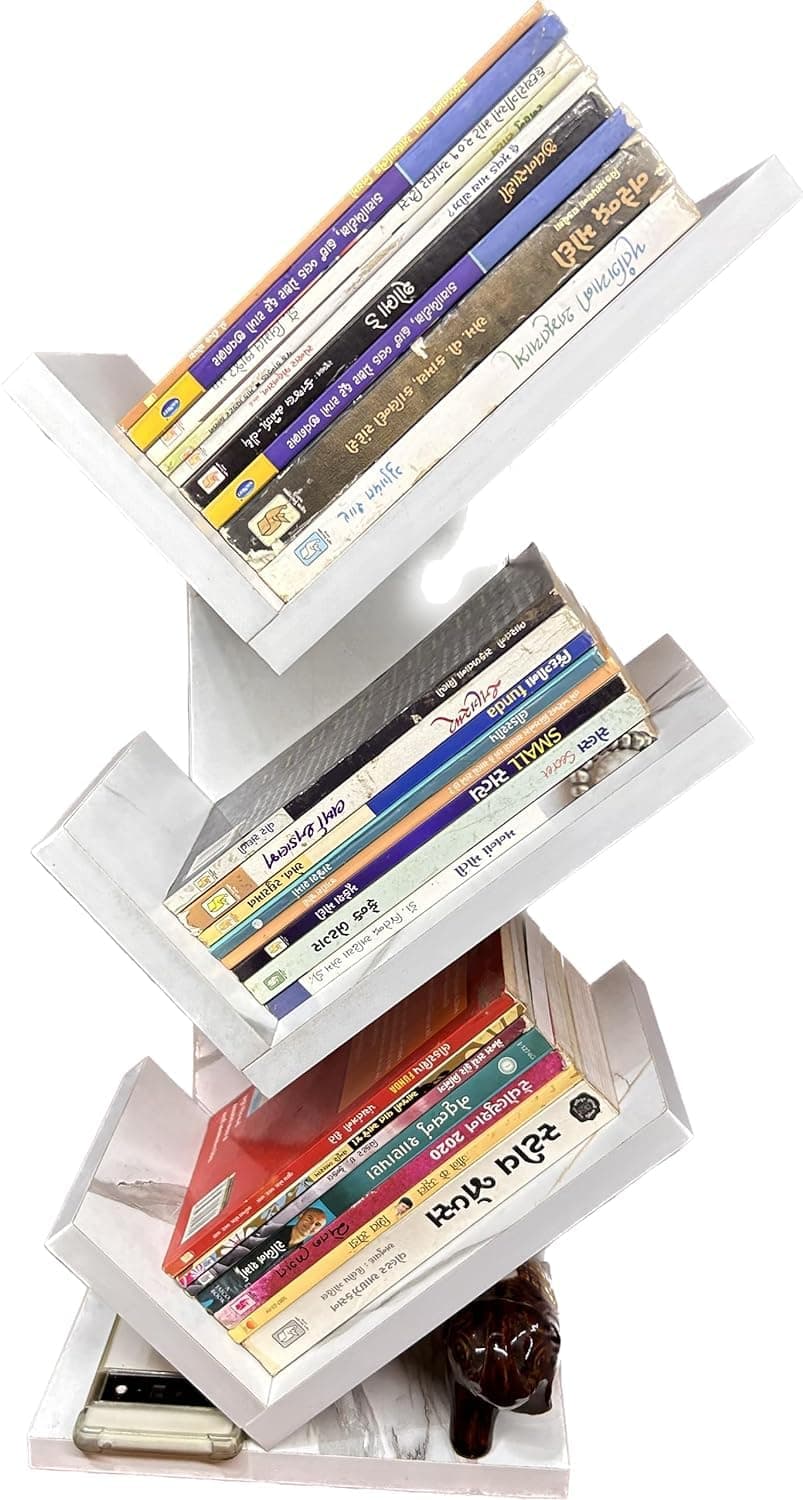 KVS Furniture Wooden Bookcase for Home Office and Library Engineering Wood Space Saving Freestanding Books Holder Stylish Book Organizer Tree Shape 3 Step White DIYDoItYourself