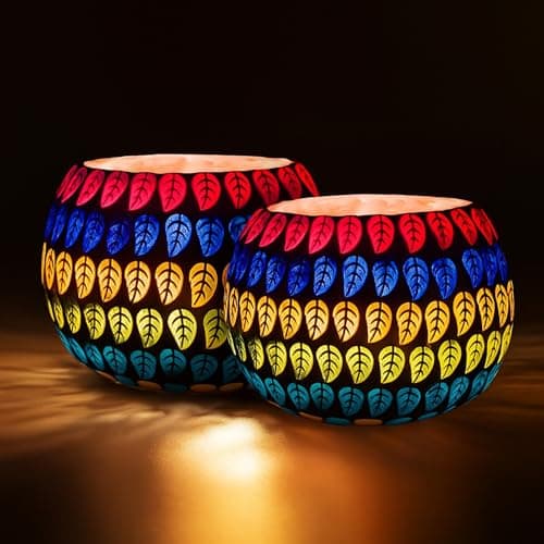 Floryn Decor Morrocan Mosaic Candle Holders | Home Light Decorations Items | Mosaic Glass Tealight Holder | Best lamp for Diwali Decoration | Pack of 2 (with 2 Tealight Candle Free)