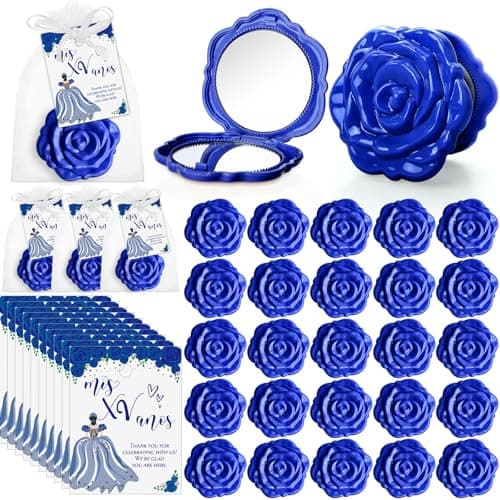 Wenqik 50 Sets Quinceanera Party Favors for Guests Rose Design Compact Pocket Mirrors Quinceanera Cards Thank You Gift and Organza Bags Birthday Party Favor (Blue)