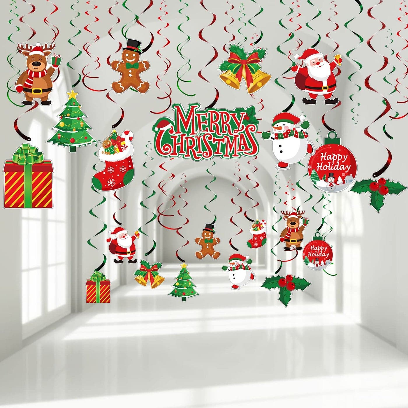 30 Pcs Christmas Swirl Ceiling Hanging Decorations Set Xmas Holiday Snowman Elk Sign Hanging Foil Indoor Decorations for Ceiling Xmas Holiday Party Supplies Santa Bell Snowman