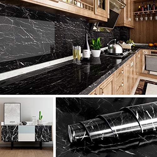 Livelynine 15.8x197 Black Marble Contact Paper Peel and Stick Countertops Waterproof Oil-Proof Self Adhesive Marble Wallpaper for Bathroom Counter Adhesive Backsplash for Kitchen Counters Removable