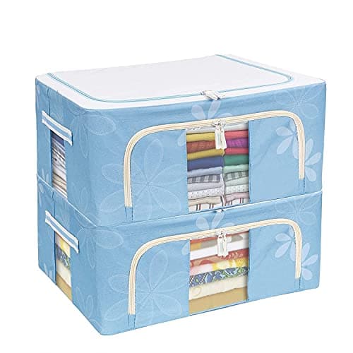 FLYNGO Foldable Steel Frame Clothes Organizer Storage Box for Wardrobe, Saree, Shirts, and Blankets (44 Ltr - Pack of 2, Oxford Fabric)