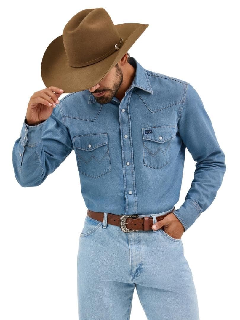 WranglermensCowboy Cut Western Long Sleeve Snap Work Shirt Washed Finish