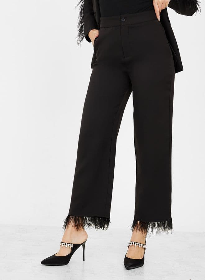 Styli Faux Feather Trim Straight Leg Trousers