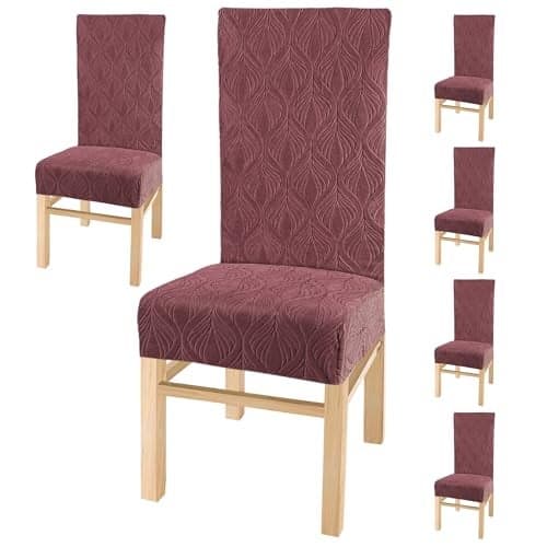 Yellow Weaves Elastic Stretchable Dining Chair Covers, Removable Washable Elastic Self Jacquard Dining Chair Covers (Set of 6, Botanical Wine)