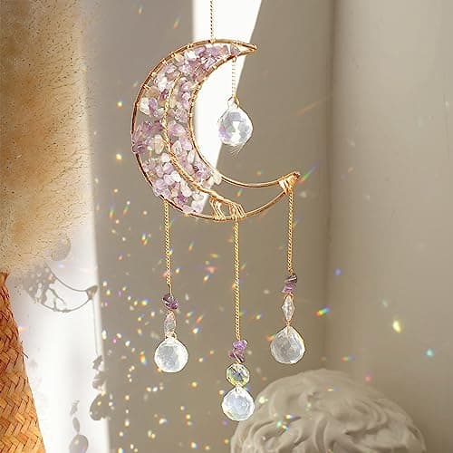 Crystal Moon Suncacher-Sun Catchers Indoor Window Prism Moon Crystal Dream Catcher Natural Healing Stones Rainbow Maker Garden Car Decoration Outdoor (Colorful)