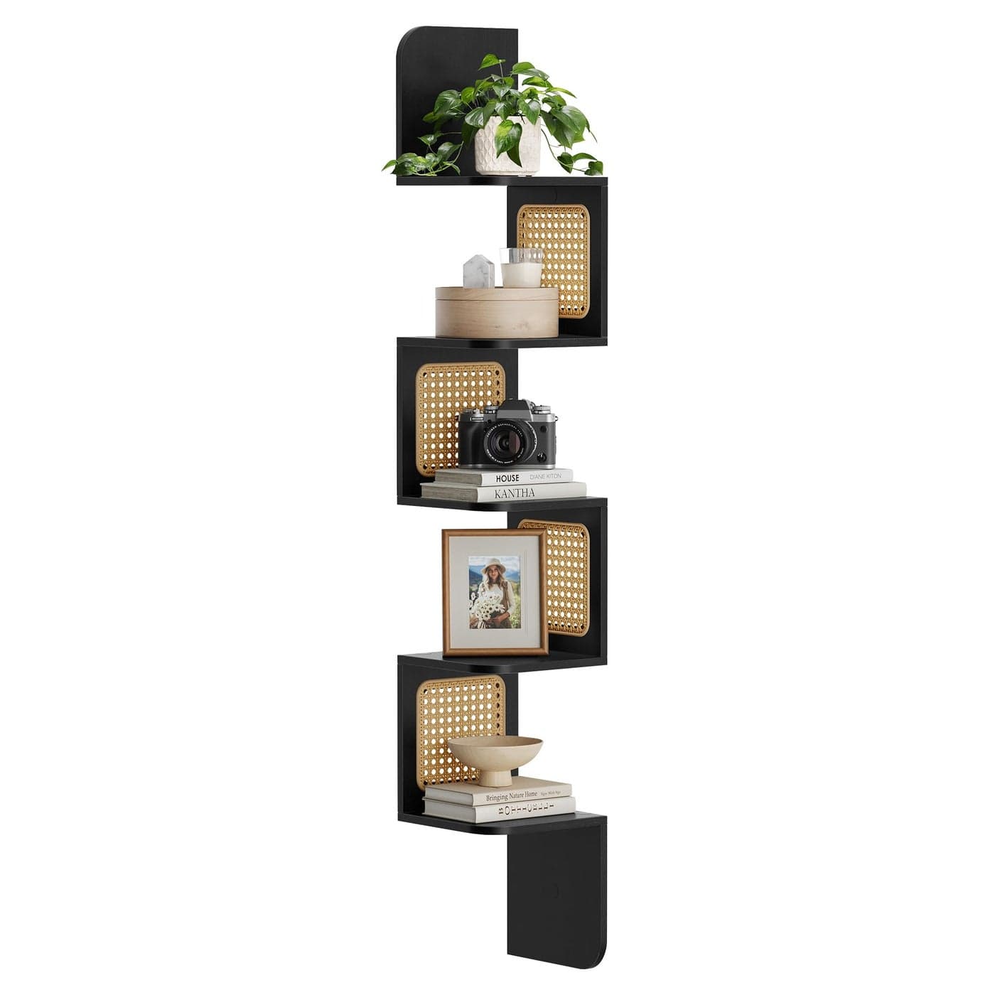 VASAGLE 5Tier Corner Shelf Wall Mounted Floating Shelf Zigzag Corner Shelf Unit PVC Rattan Sides SpaceSaving for Kitchen Living Room Bedroom Boho Style Ash Black ULLS582B21