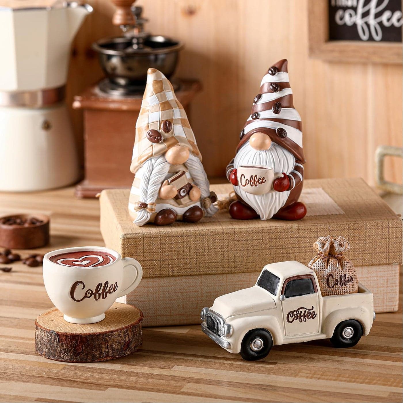 Karenhi 4 Pcs Coffee Gnome Decorations Coffee Bar Decor Gnome Figurines Accessories Swedish Dwarf Resin Decor for Bar Kitchen Home Office Easter Christmas Tiered Tray Collectible Tabletop Decorations