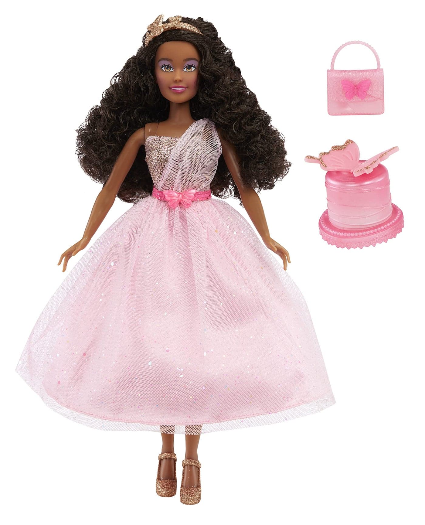 MGA Entertainment Dream Ella Let's Celebrate Doll - Yasmin, Pink & Gold Glitter Butterfly Confetti Unboxing 11.5" Black Hair Party Fashion Doll + 5 Accessories for Birthday, Graduation, Special Day