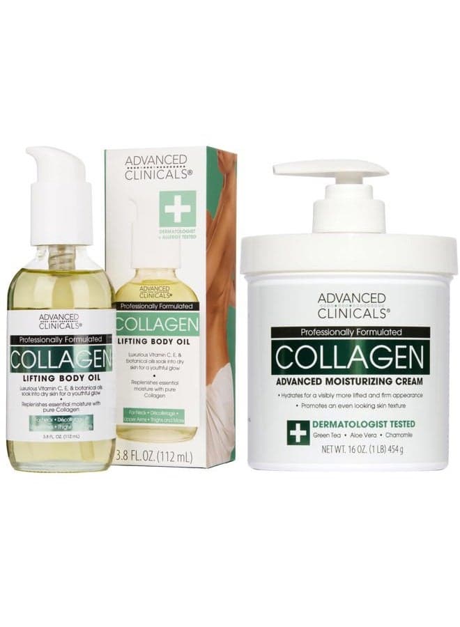 Unscented Collagen Cream Face Moisturizer & Body Lotion + Collagen Body Oil Skincare 2pc Set For Women & Men Helps Reduce Appearance Of Crepey Skin, Wrinkles, & Dry Skin, 2PC Set