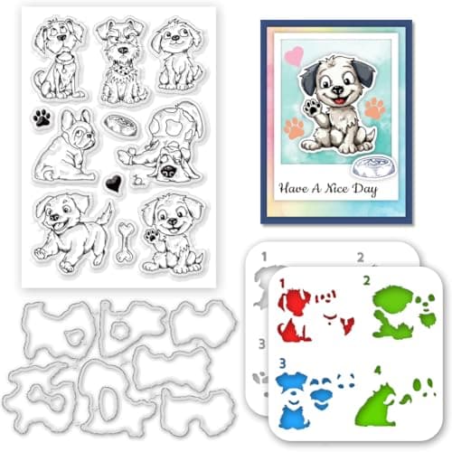 ACRNIGHEET Animal Stamps and Dies for Card Making Layered Comic Dog Silicone Clear Stamps Metal Animal Cutting Dies PET Stencils for Painting Animal Template for DIY Embossing Scrapbooking Craft Decor
