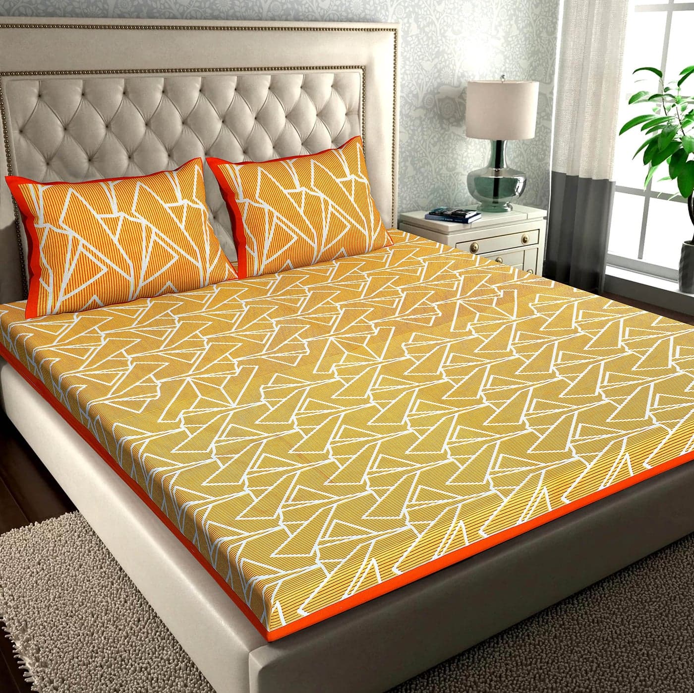RajasthaniKart® Pure 100% Cotton Double Bed Sheet with 2 Pillow Covers (Bedsheet for Double Bed Cotton, Orange,5268)