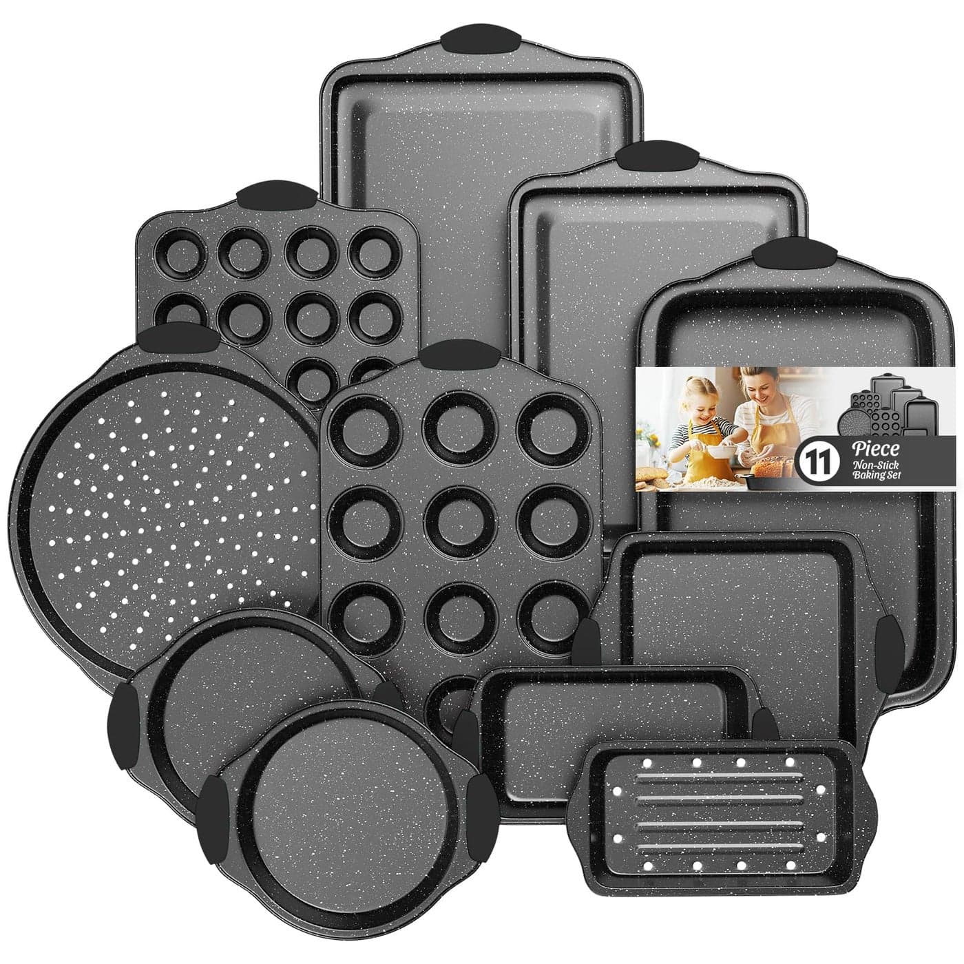 Slow Slog 11Piece Nonstick Baking Pan Set Stackable Bakeware Sets Oven Pans for Baking with Silicone Handles Includes Cookie Sheet Cake Pans Loaf Pan Pizza Pan Muffin Pan Black