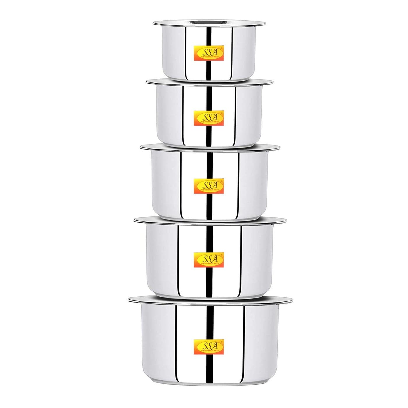 Shiv Shakti Arts® Stainless Steel Bhagoni/Tope/Patila Set with Lid & Induction Bottom Serving & Cooking Food - Heavy-22 Gauge - (Medium, Set of 5 Bhagoni 1200, 1500, 2100, 2600 & 3200 ML)