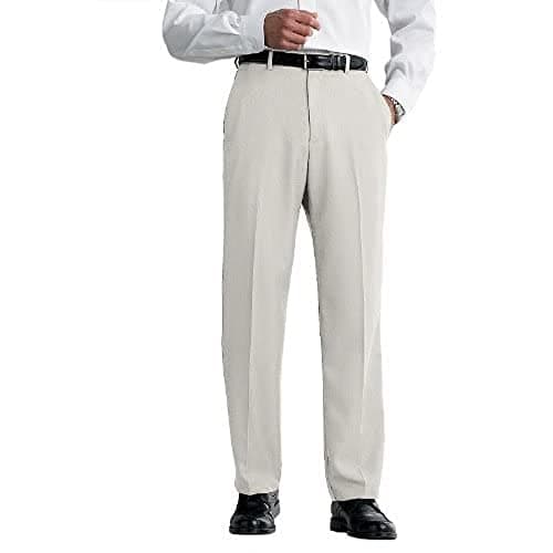 Haggar mens Cool 18 Stria Hidden Expandable Waistband Plain Front casual pants, String Beige, 40W x 31L US