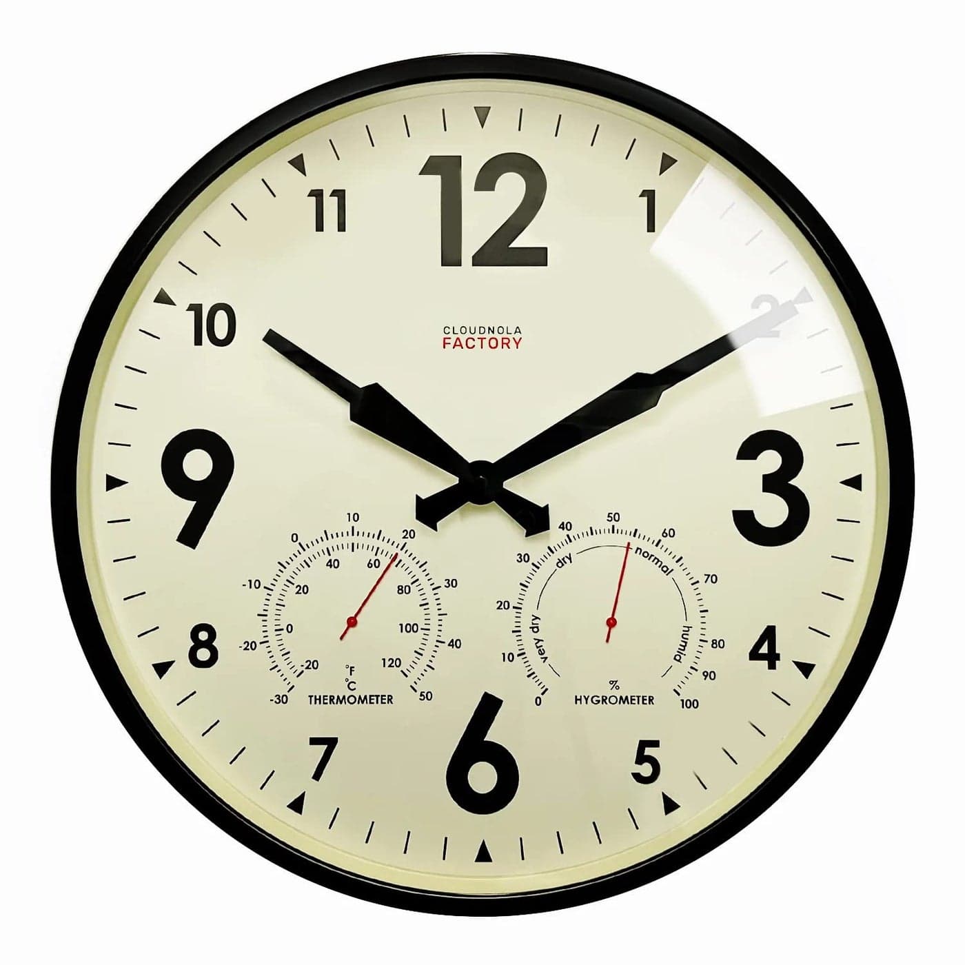 Cloudnola Indoor Outdoor Waterproof Metal Wall Clock with Thermometer and Hygrometer Black 18 inch Silent NonTicking Battery Operated Quality Quartz Round Clock for Patio and Home Decor