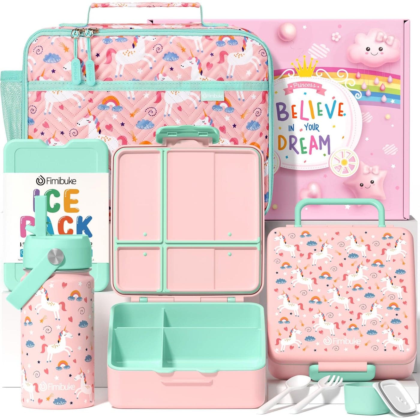 Fimibuke Kids Bento Lunch Box with 4 Compartments Insulated lunch Bag Stainless Steel Insulated Water Bottle Ice Pack Utensils Set Birthday Gifts for Ages 312 Back to School Toddler Girls Boys