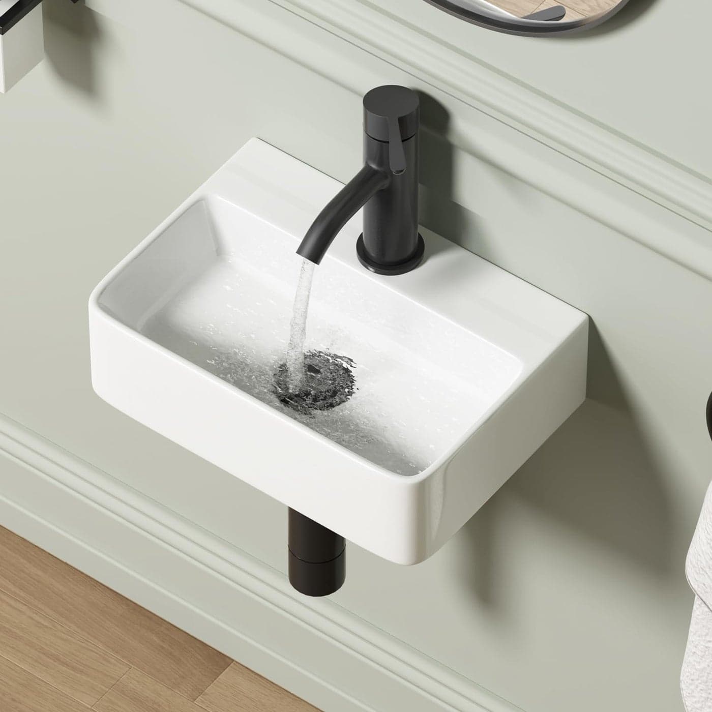 Wall Hung Bathroom Vessel Sink QISHKA 145 X 10 Rectangular Floating Ceramic Wash Hand Basin White Wall Mount Vanity Sink for Small Bathroom and Small Cloakroom