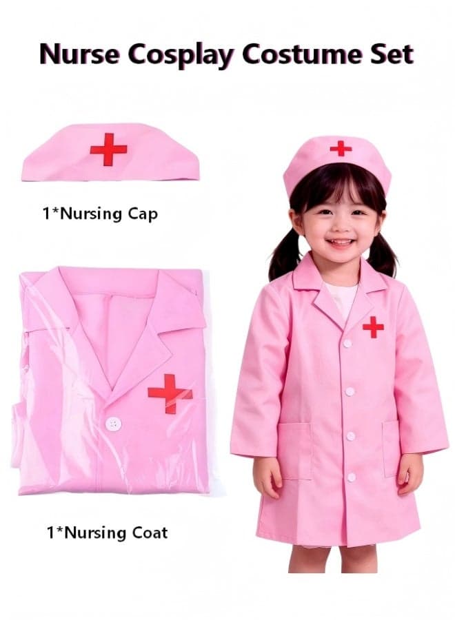 Pink Kids Nurse Doctor Dress Up Outfit Set, 2PCS Medical Uniform with Red Cross Cap, Children Role Play Costume for Boys Girls, Perfect for Halloween Cosplay, School Career Day, Pretend Play & Birthday Party Gift
