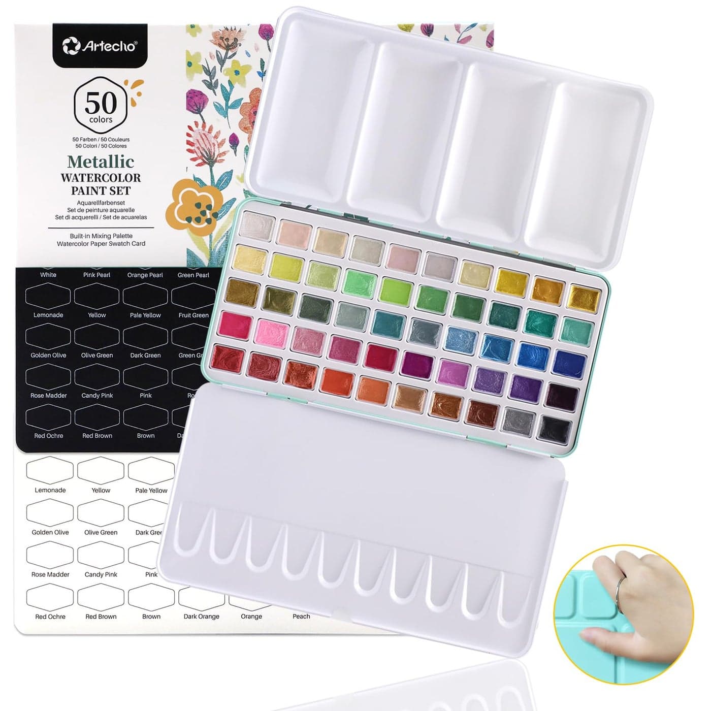 Artecho Metallic Watercolor Paints 50 Glitter Watercolor Paint Set Water Colors Paint Adult Set with Bottom Ring for Easy Holding Ideal for Amateur Hobbyists Painting Lovers and Artists
