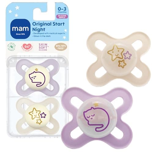 MAM Original Start Baby Pacifiers 0-3 Months, BPA-Free Skin Soft Silicone Nipple, Glows in The Dark, Developed with Medical Experts Specially for Smaller Newborn Mouths, 2 Pk with Sterilizer Case