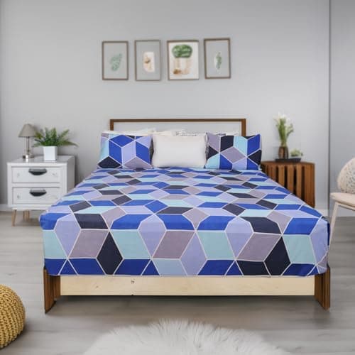 Status Contract Cotton Feel Double Fitted Bedsheet with 2 Pillow Covers for Bed Room, Home, Hotel-120 GSM (Blue White)