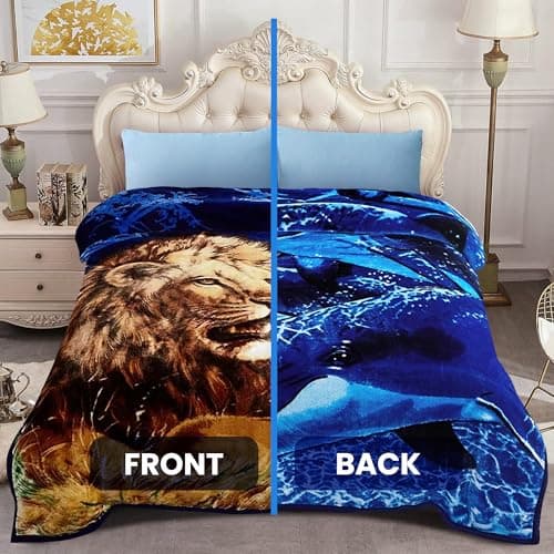 YHSF Korean Mink Blanket - 2 Ply Thick & Soft Reversible Printed Plush Throw - Warm Cozy & Comfy Korean Faux Mink Blanket - Easy Care, Fade-Proof, Dolphine/Lion Design, Queen Size, 5 LB, 87 in x 75 in