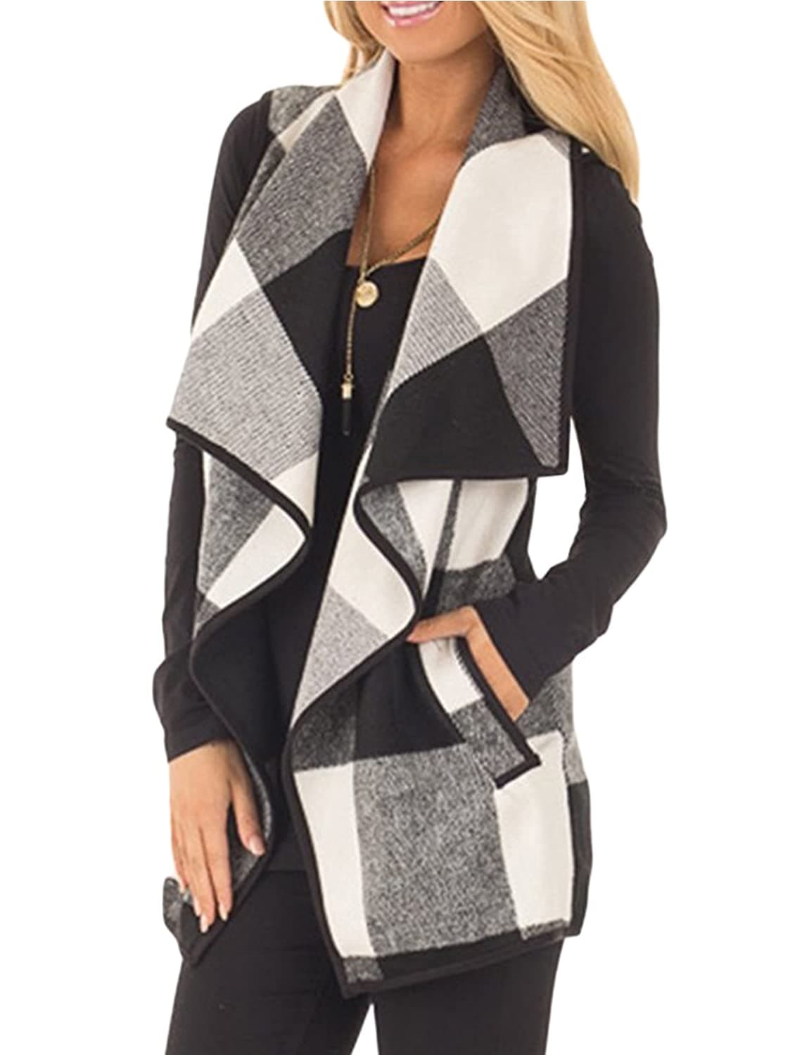 YACUN Women Buffalo Plaid Vest Lapel Open Front Sleeveless Jacket Outerwear Cardigan with Pockets Black XXL
