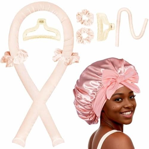 Heatless Hair Curler,Blowout Heatless Curls Overnight,No Heat Curling Rod Set with Satin Bonnet for Sleep in,Cream