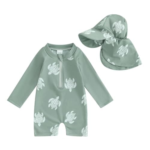 Socutebabe Toddler Infant Baby Boys Swimsuit Kids Rash Guard One Piece Newborn Zipper Bathing Suit Swimwear with Hat (Turtle Green,0-3 Months)