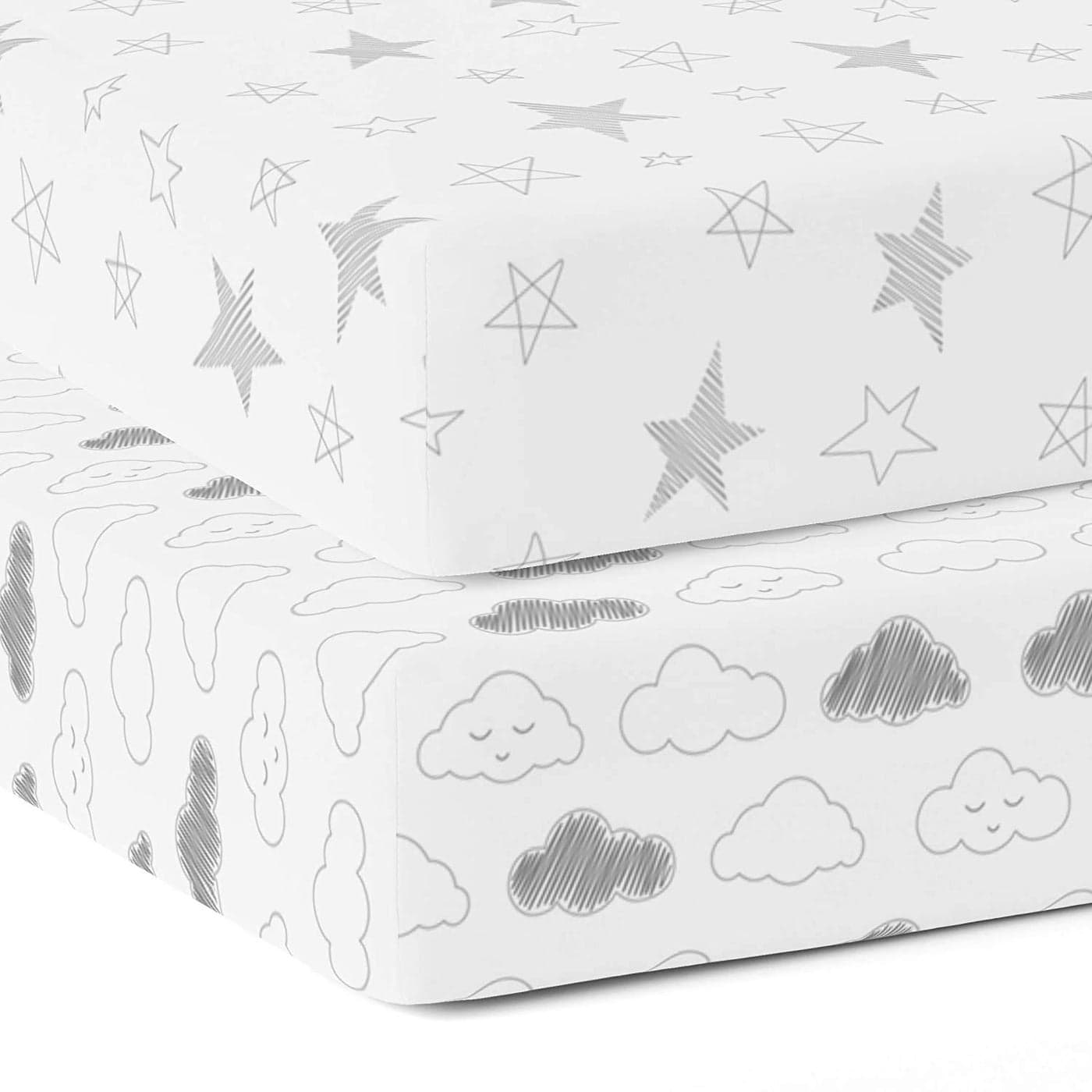 Cotton Baby Crib Fitted Bed Sheets for Cot Organic Twill Fabric Baby Bedding for New Born Infants Toddlers 28x14 Pack of 2 The White Cradle Star Clouds