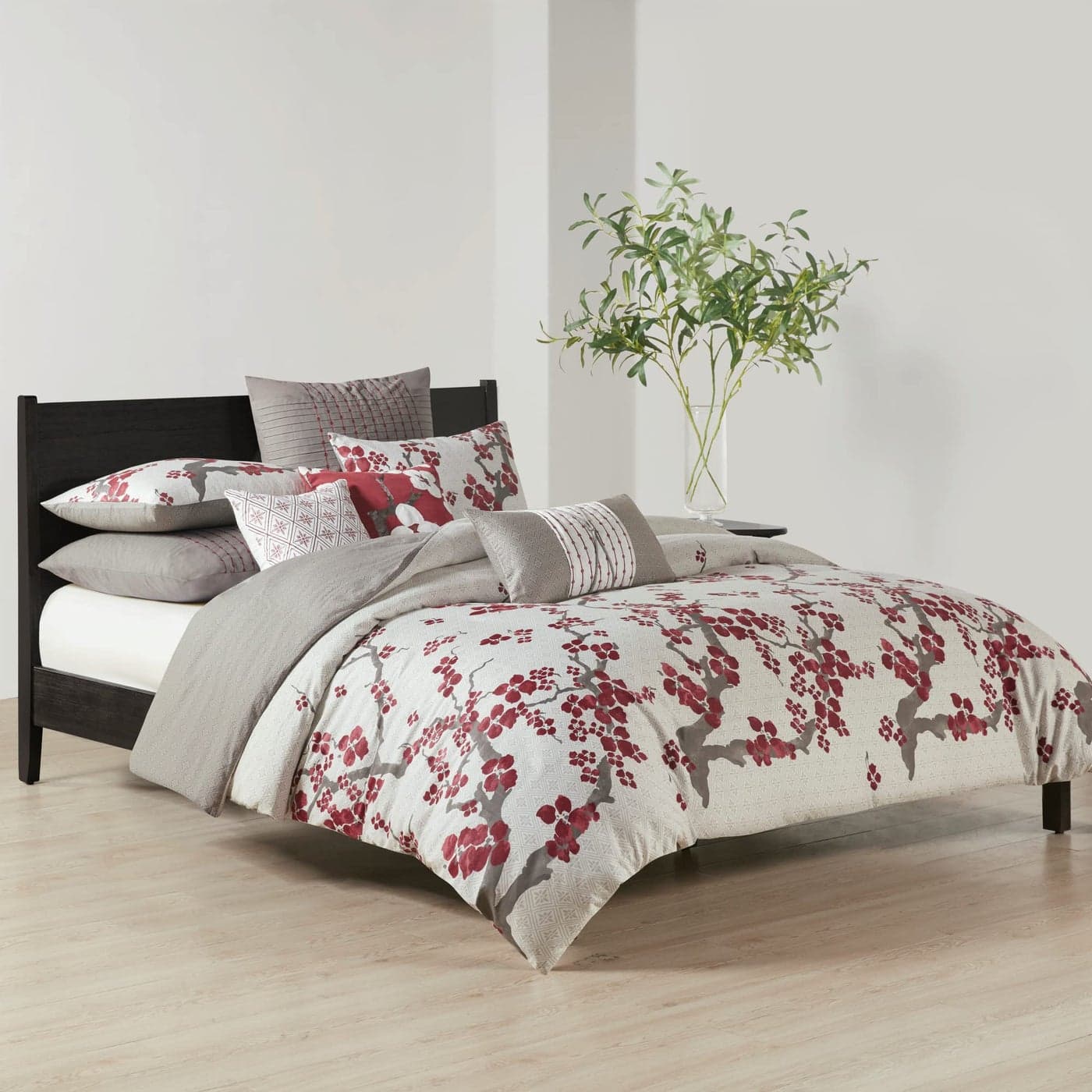 N Natori Cherry Blossom Duvet Cover Queen Size Red Grey Cherry Blossom Duvet Cover Set 3 Piece 100 Cotton Sateen Light Weight Bed Comforter Covers