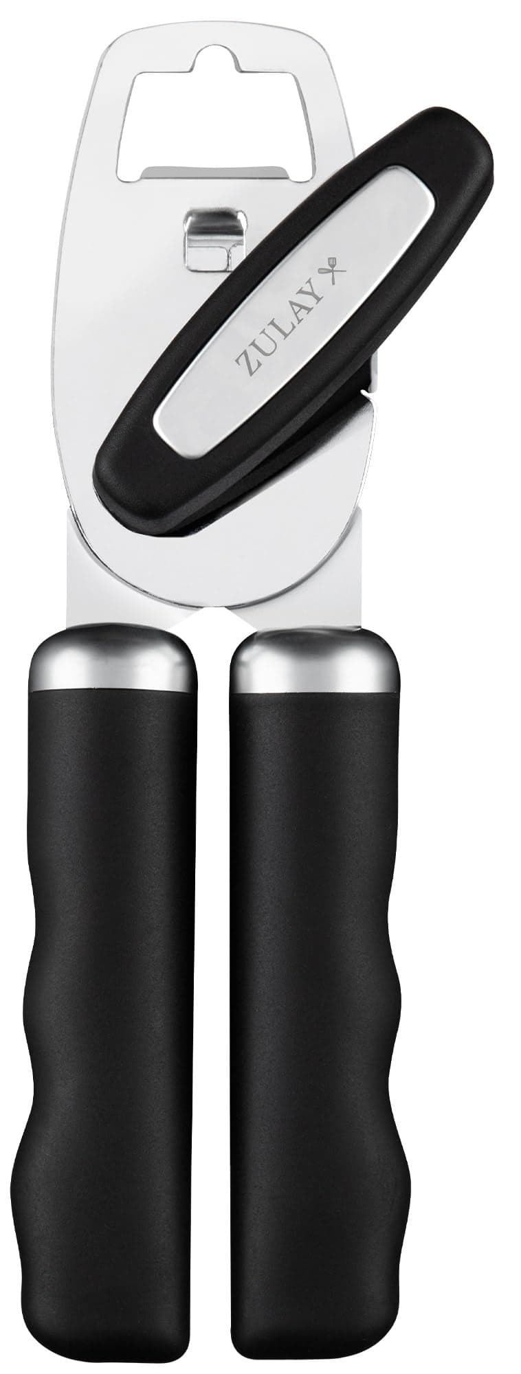 Zulay Kitchen Heavy Duty Stainless Steel Can Opener Manual with Bottle Opener Rust Proof Manual Can Opener With Turn Knob Comfy Soft Grip Handles Black