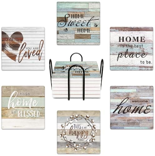 Britimes Coaster for Drinks Set of 6 Worn Wood Absorbent Square Ceramic Stone Mat with Cork Base and Metal Holder Gift for Housewarming Room Bar Decor