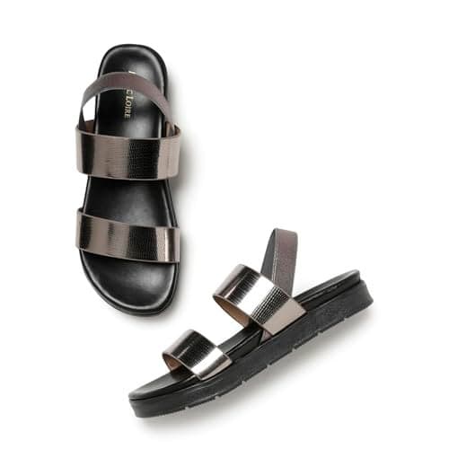 Marc Loire Women's Double Strap Textured Flatform Heel Sandals with Strechable Backstrap (Gun Metal, 4)