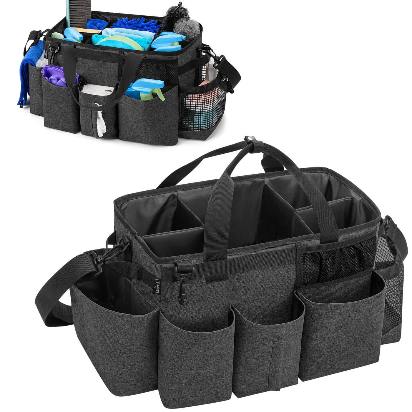 LoDrid Tote Cleaning Caddy Bag with 4 Foldable Dividers Wearable Cleaning Supply Organizer with Side Handles and Shoulder Strap for Cleaners Housekeepers Black Bag Only