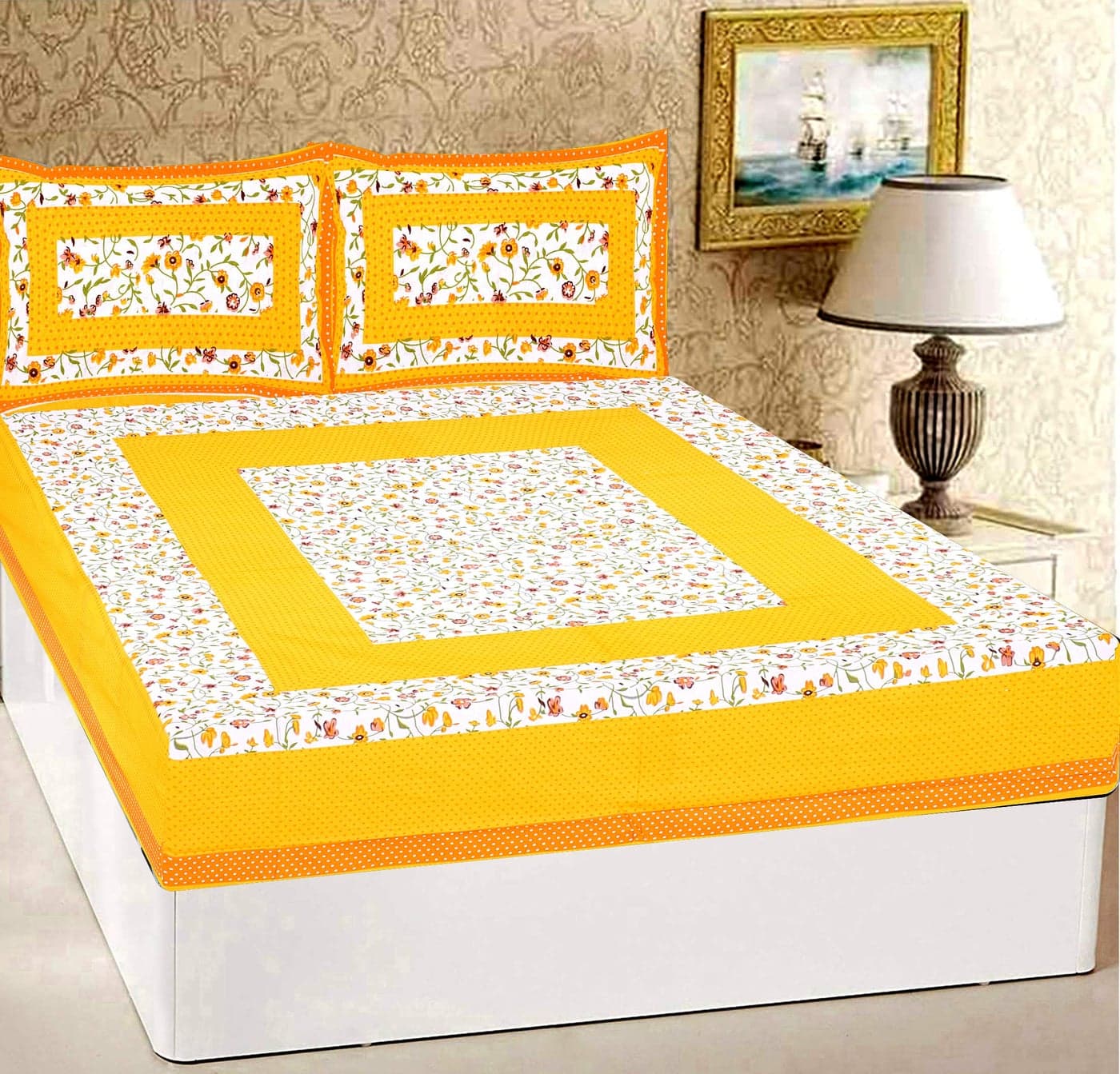 RajasthaniKart® Pure 100% Cotton Double Bed Sheet with 2 Pillow Covers (Bedsheet for Double Bed Cotton, Yellow Bindiya Jaipuri, King Size,5217)