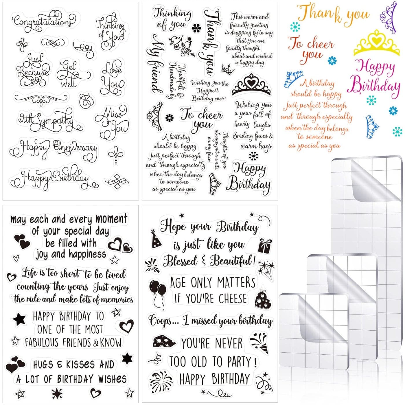 Pajean 4 Sheets Sentiments Rubber Clear Stamps Set for Card Making and 3 Pcs Acrylic Stamp Block Tools with Grid Lines Happy Birthday Books Stamps Craft Supplies for DIY ScrapbookingBirthday