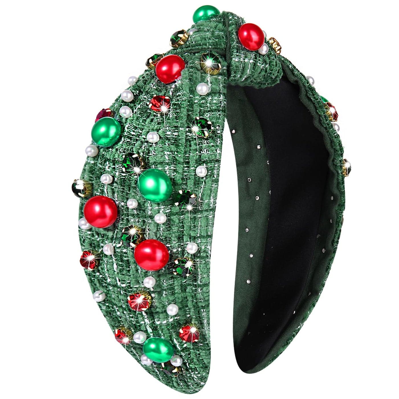 NVENF Knotted Headbands for Women Pearl Crystal Knotted Headband Rhinestone Embellished Jeweled Headbands Wide Top Knot Hairband Womens Fashion Hair Accessory Christmas Green