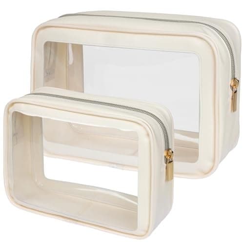 PACKISM 2 Pack Clear Makeup Bag Set 1 Large 1 Medium Foldable TSA Approved Toiletry Bag for Carryon Checked Luggage Water Resistant Car Storage Organizer Beige