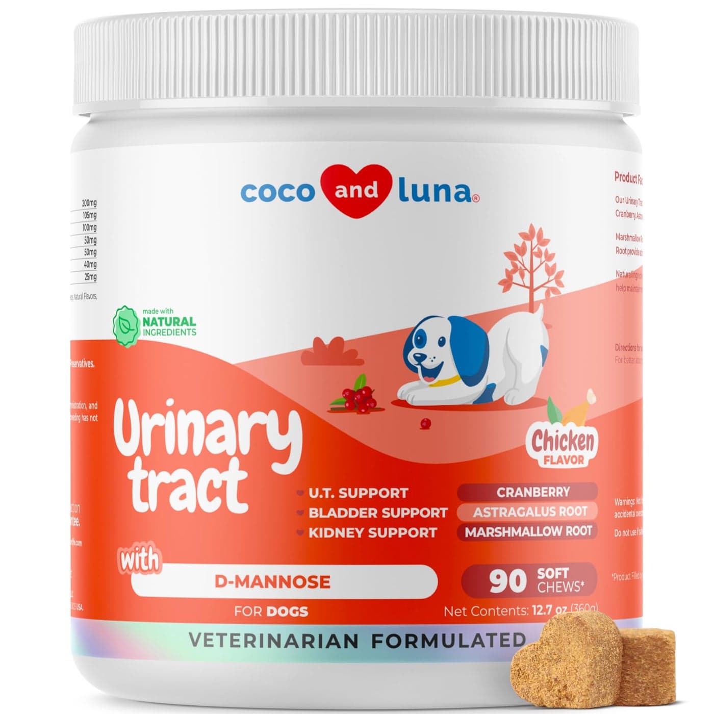 Coco and Luna Cranberry for Dogs - 90 Soft Chews - Urinary Tract Support, Bladder Health, Dog UTI, Bladder Stones, Incontinence Support, Cranberry Supplement