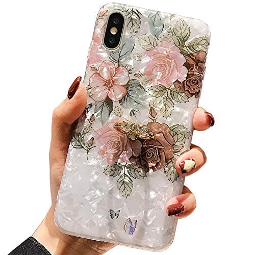 Qokey Compatible with iPhone Xs Max Case 6.5 inch,Flower Design Cute Fashion for Men Women Girls with 360 Degree Rotating Ring Kickstand Soft TPU Shockproof Cover Brown Floral